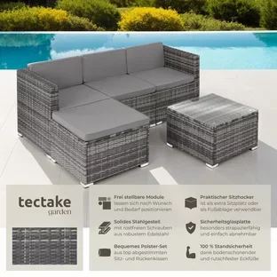 tectake Lignano Rattan Loungeset 5-teilig grau mit Glastisch