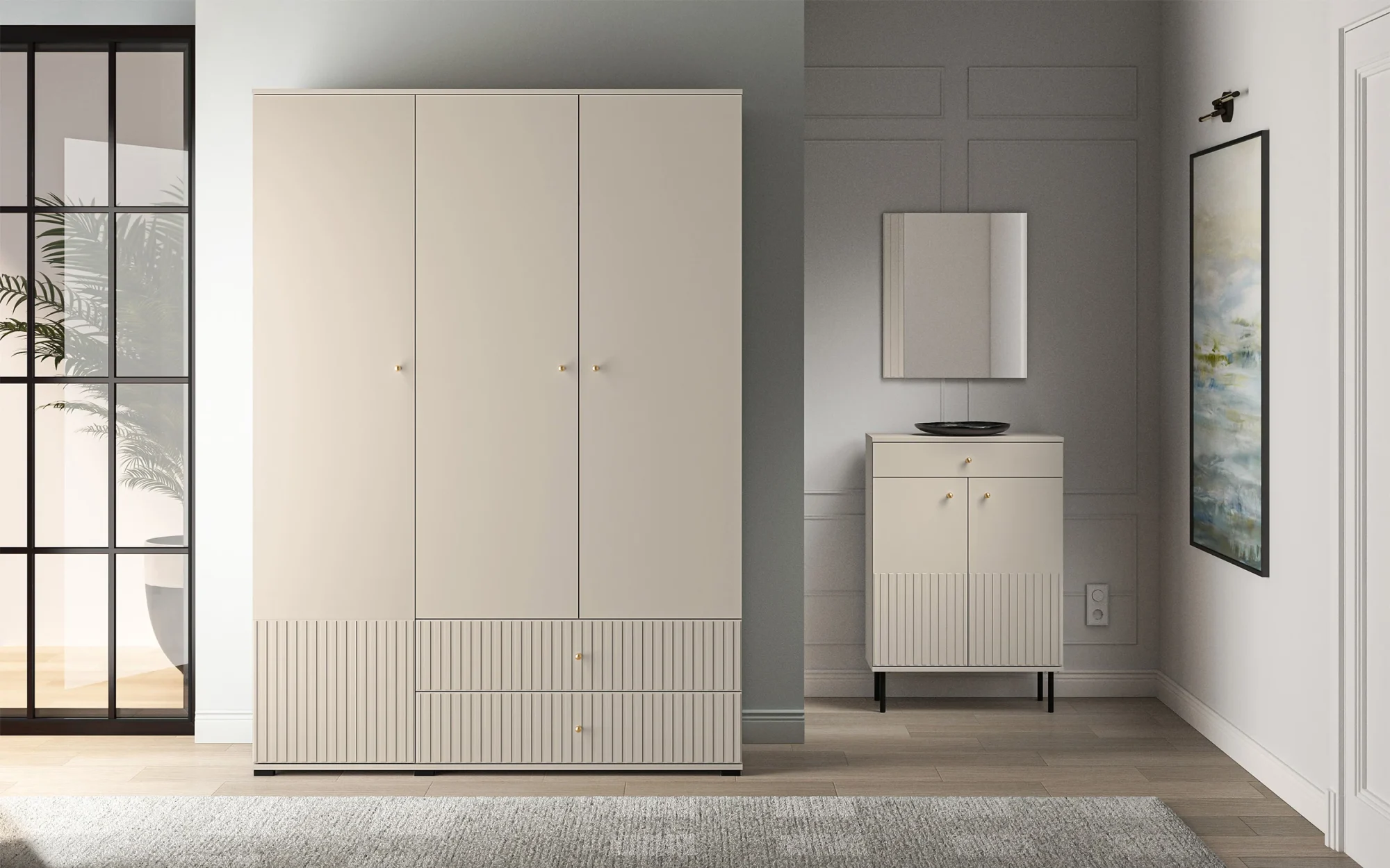 Selsey Caletto Drehtürenschrank 150 cm mit zwei Schubladen und Lamellen, beige