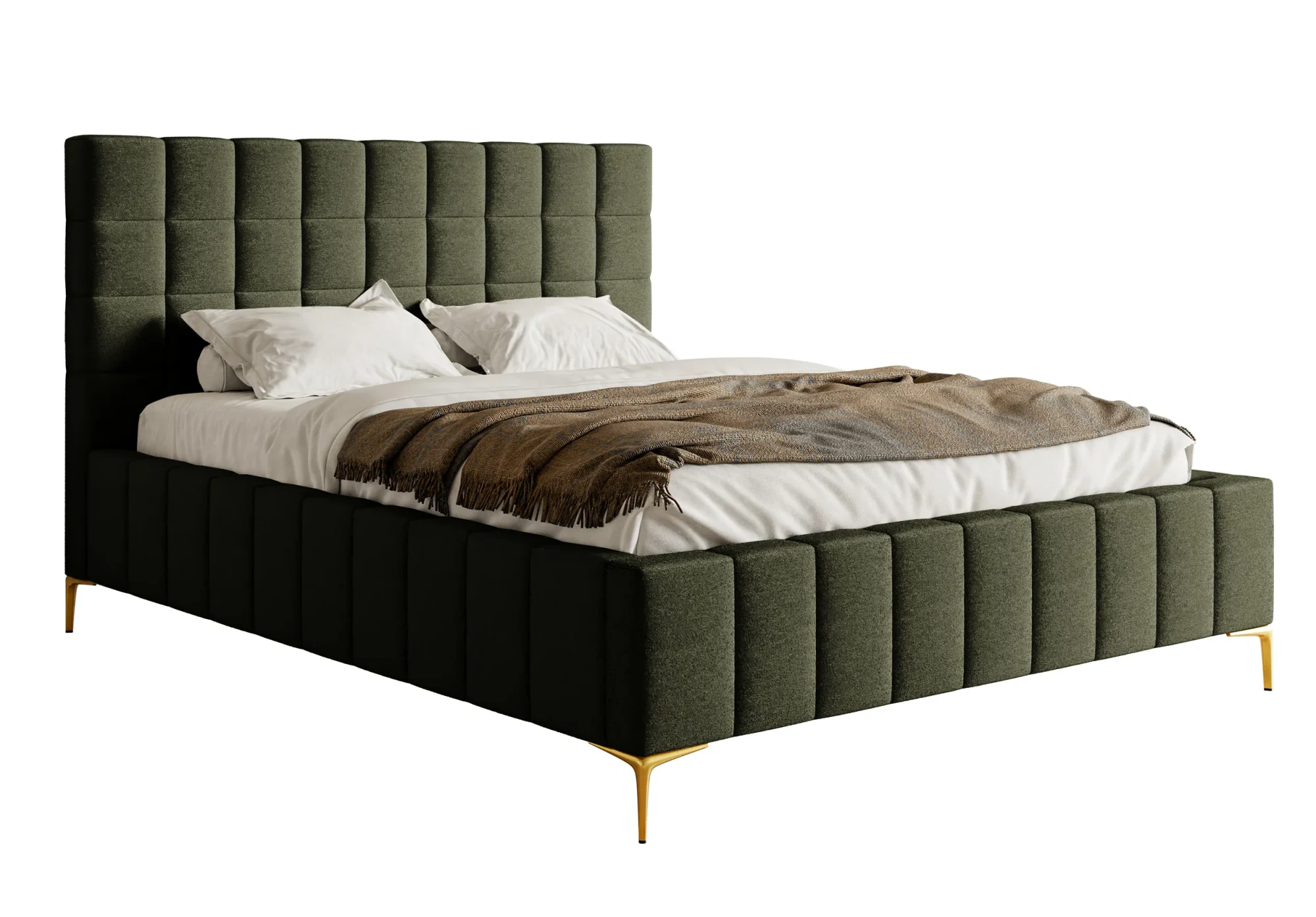 Selsey Szejlo Polsterbett 180 x 200 cm mit Bettkasten, olivgrün, goldene Beine