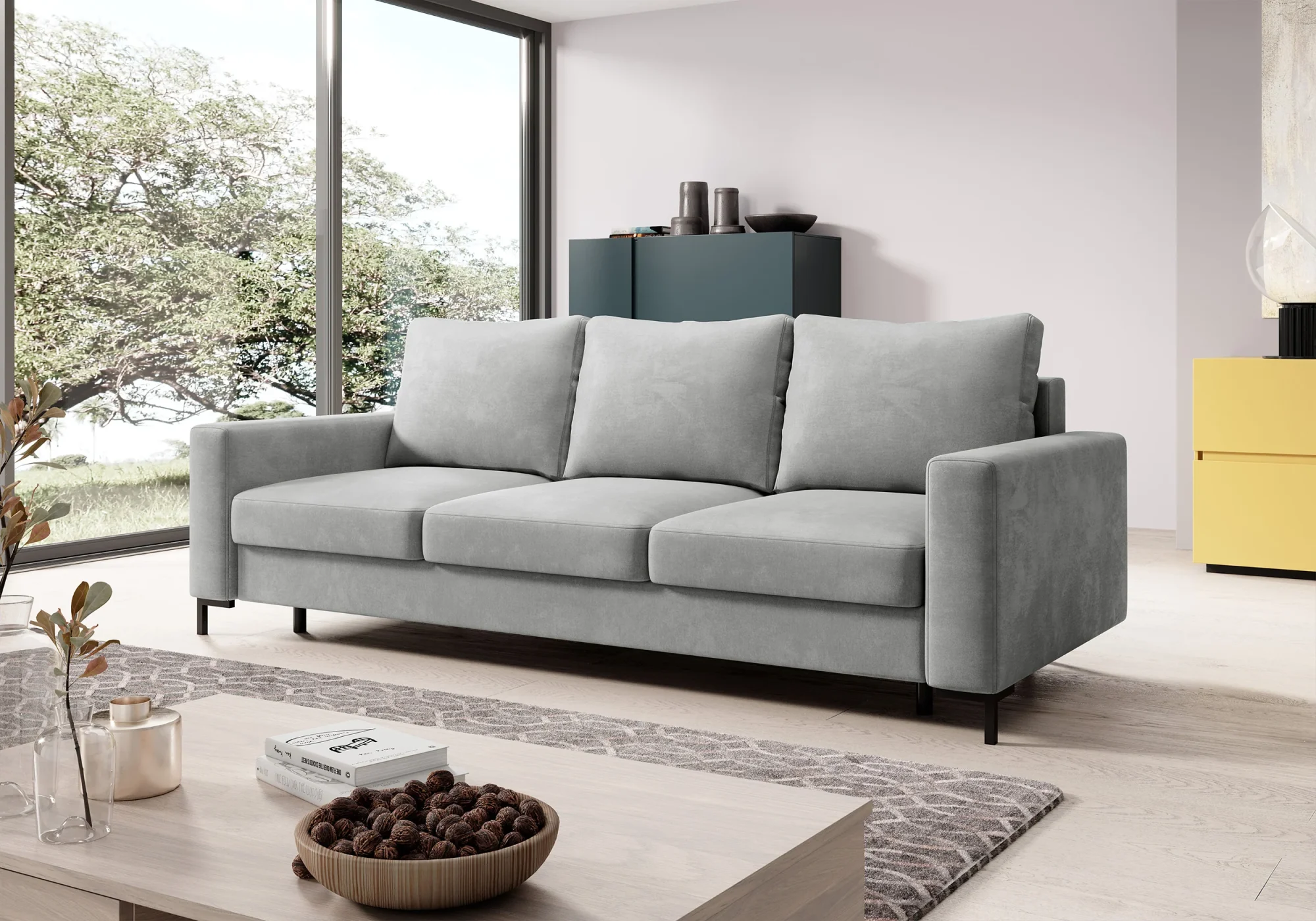 Selsey Mokpeo 3-Sitzer Schlafsofa mit Stauraum, hellgrauer Samt
