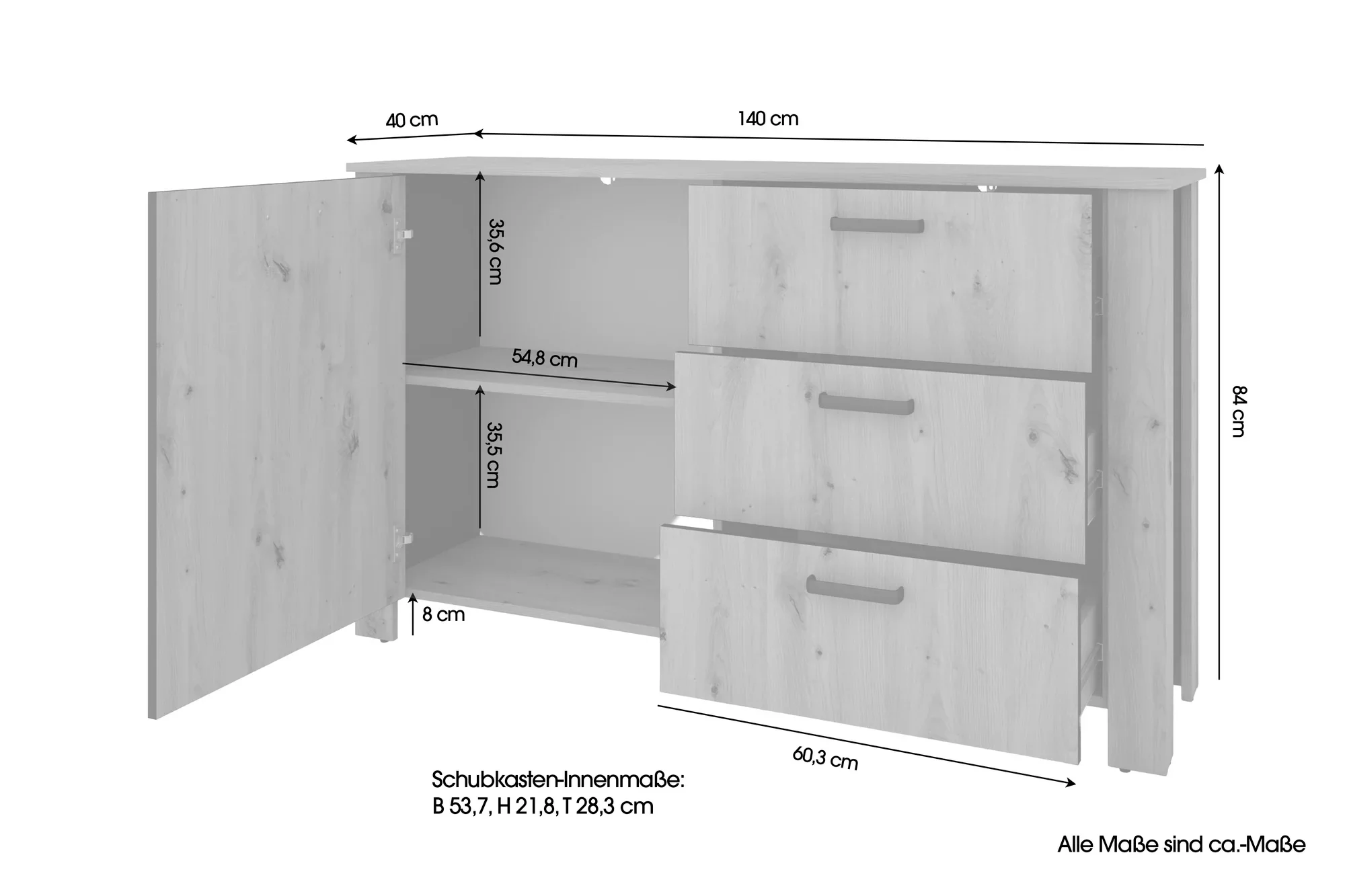 byLIVING Faro Sideboard 140 cm mit 1 Tür und 3 Schubladen