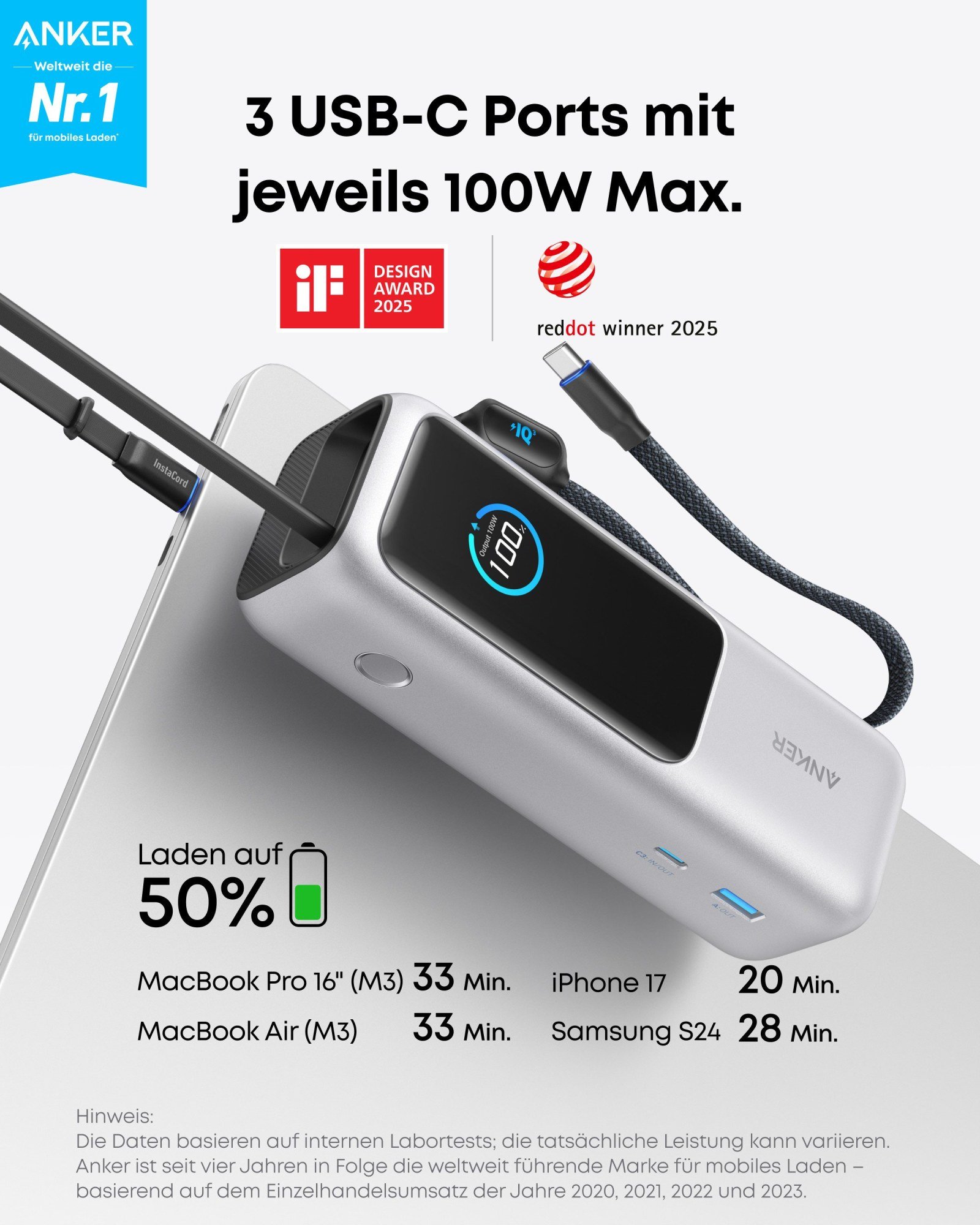 Anker Powerbank 25K 165W 25.000 mAh mit integriertem Kabel