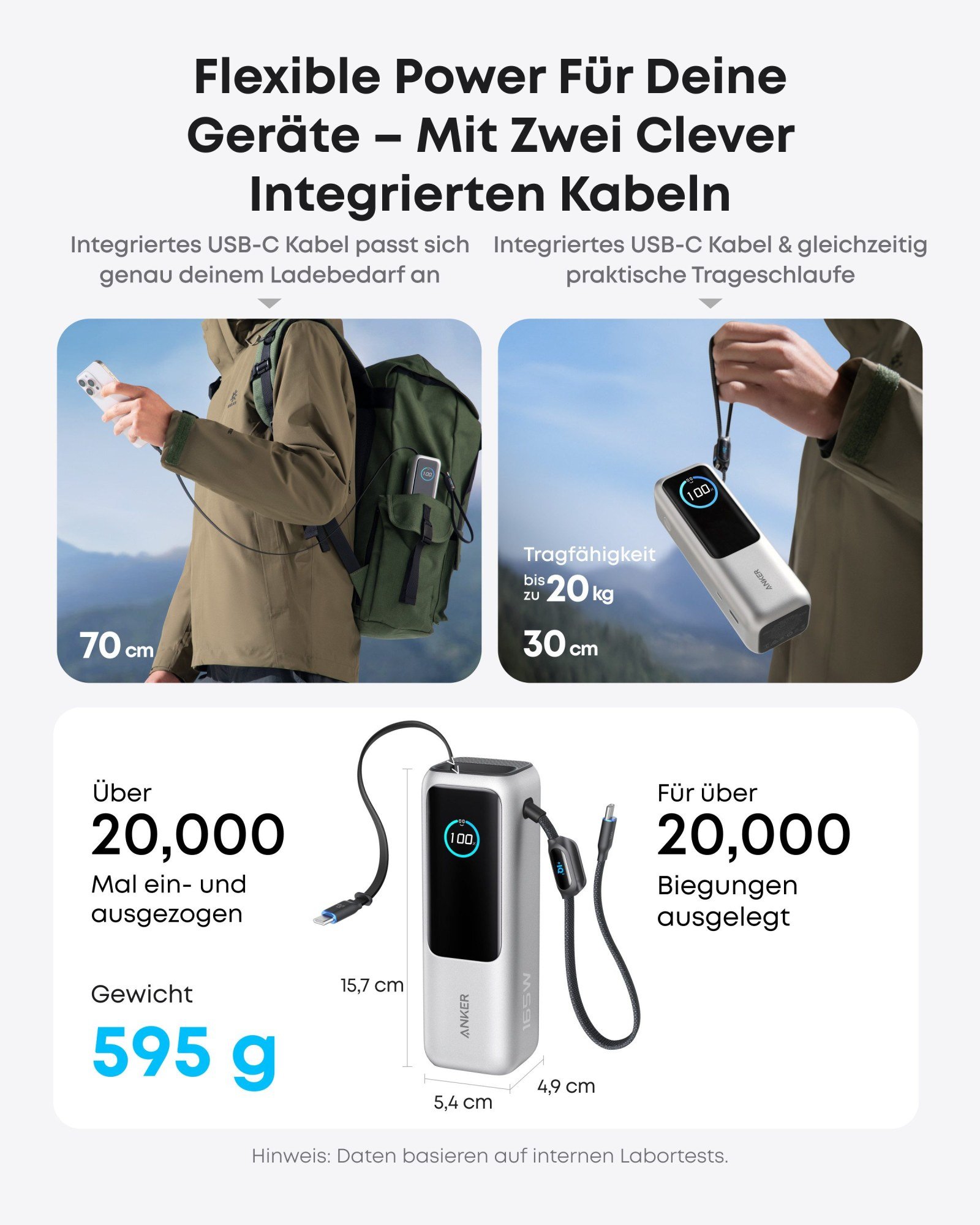 Anker Powerbank 25K 165W 25.000 mAh mit integriertem Kabel
