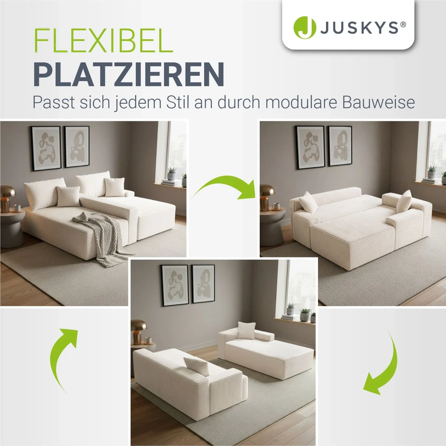 Juskys Coredo Ecksofa mit Cord-Bezug, Ottomane und Dekokissen