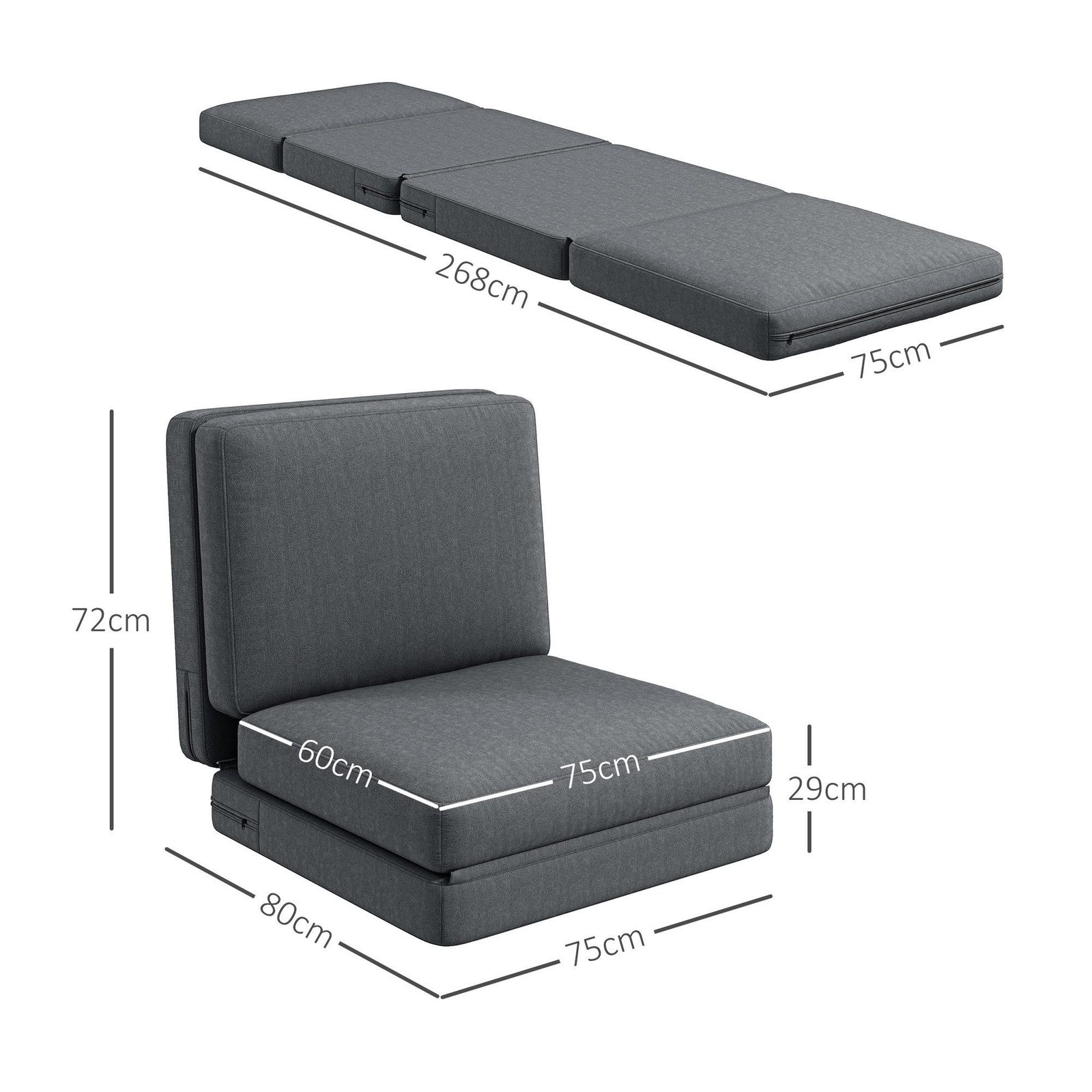 HOMCOM 3-in-1 Bodensofa klappbar Samtoptik dunkelgrau