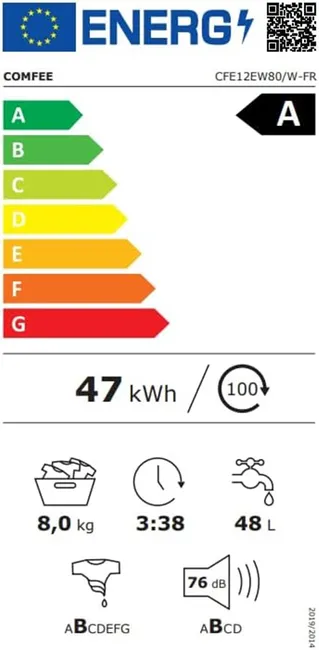 COMFEE Waschmaschine 8 kg, 1400 U/min, Dampffunktion, 15 Programme, Energieeffizienzklasse A, Weiß