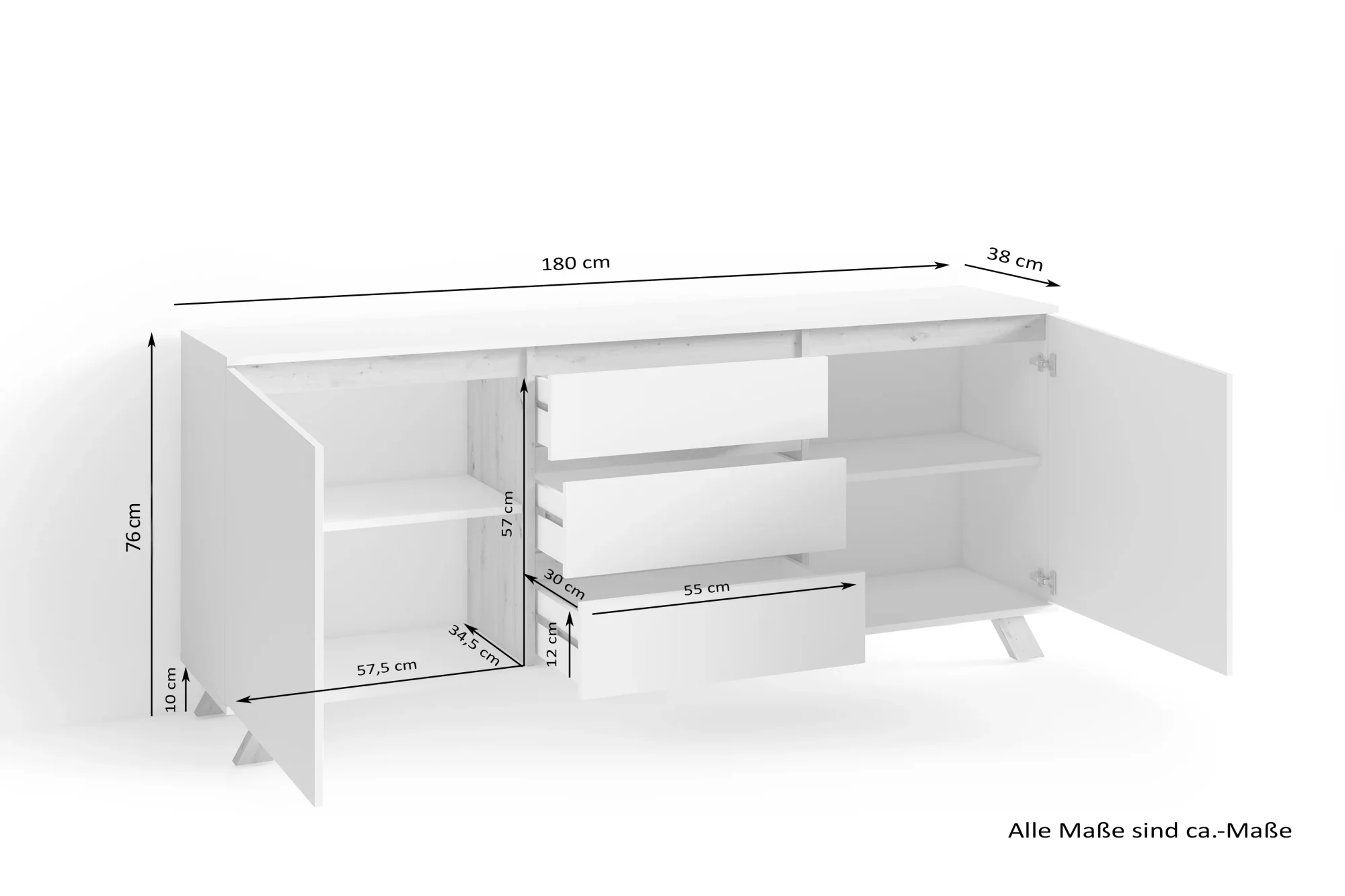 byLIVING Valentin Sideboard 180 cm matt weiß, grifflos, mit 2 Türen und 3 Schubladen