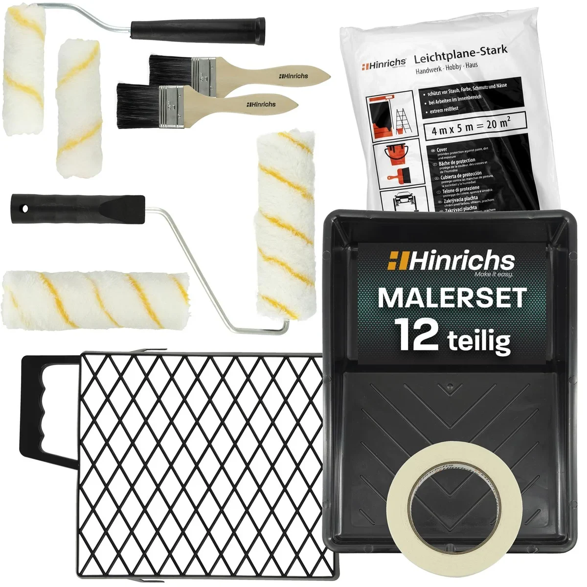 Hinrichs Malerset Streichen 12-teilig mit Farbroller, Farbwanne, Pinsel und Abdeckplane
