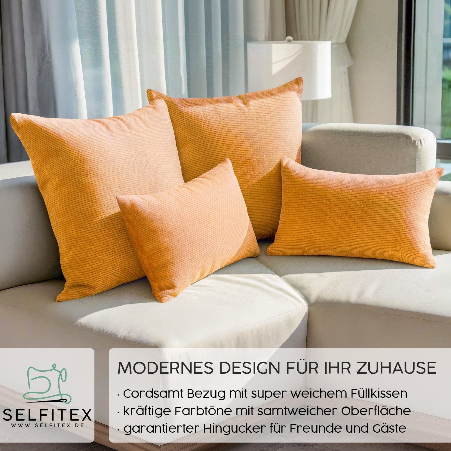 Selfitex Cord Dekokissen 4er Set Gelb inkl. Füllkissen 50 × 50 und 30 × 50 cm