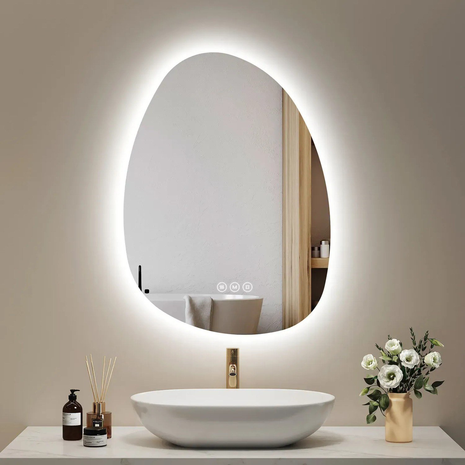 Emke LED-Badspiegel 75 x 55 cm asymmetrisch mit Anti-Beschlag und 3 Lichtfarben