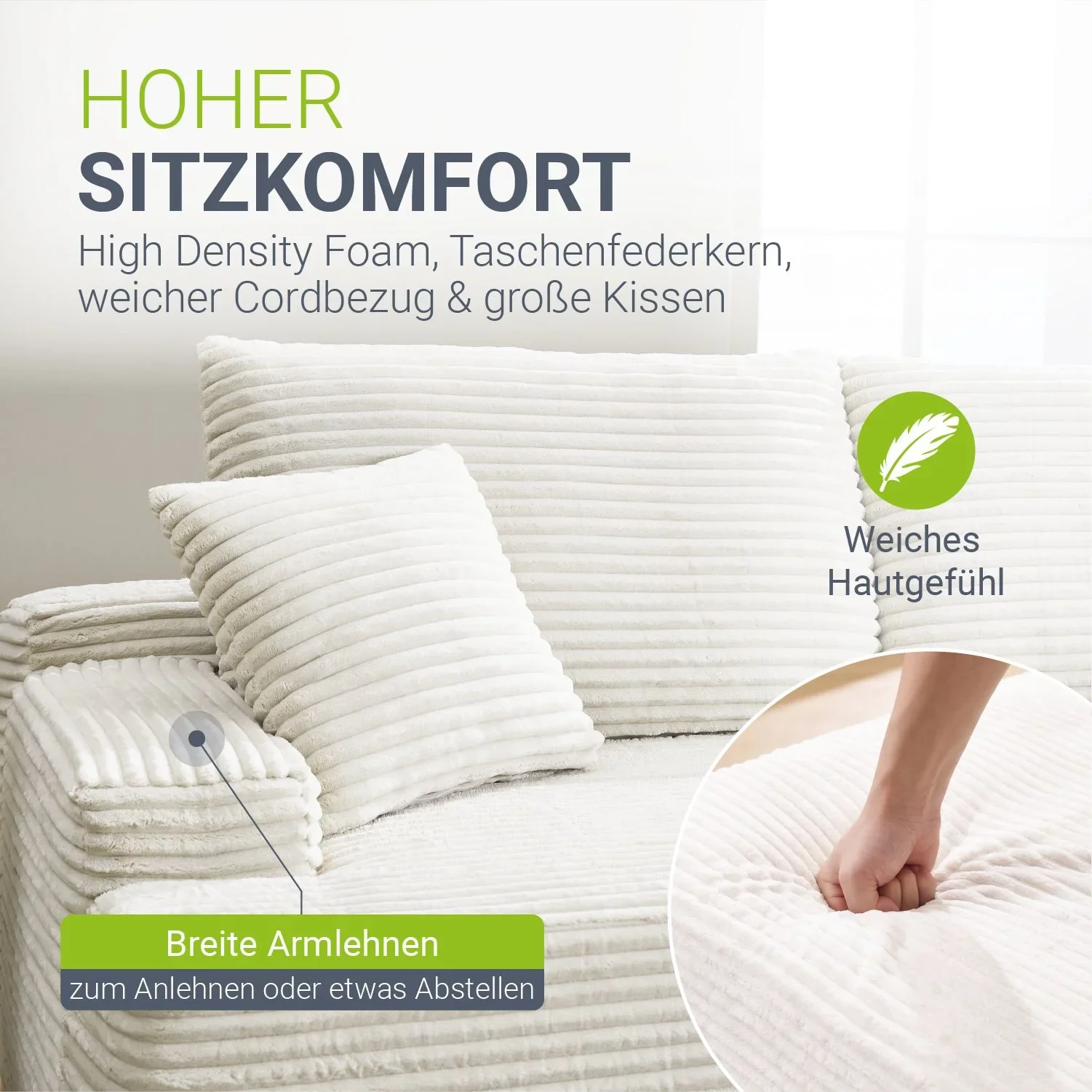 Juskys Coredo Ecksofa mit Cord-Bezug, Ottomane und Dekokissen