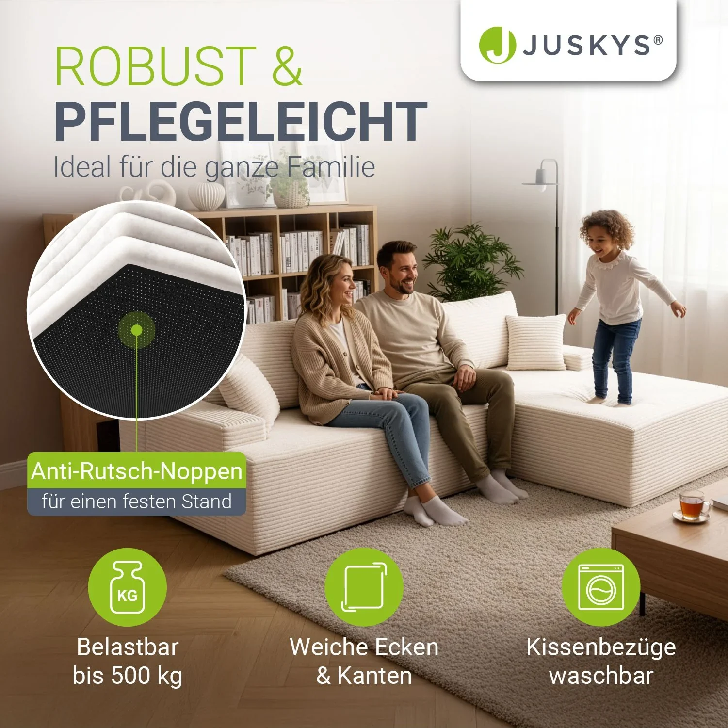 Juskys Coredo Ecksofa mit Cord-Bezug, Ottomane und Dekokissen