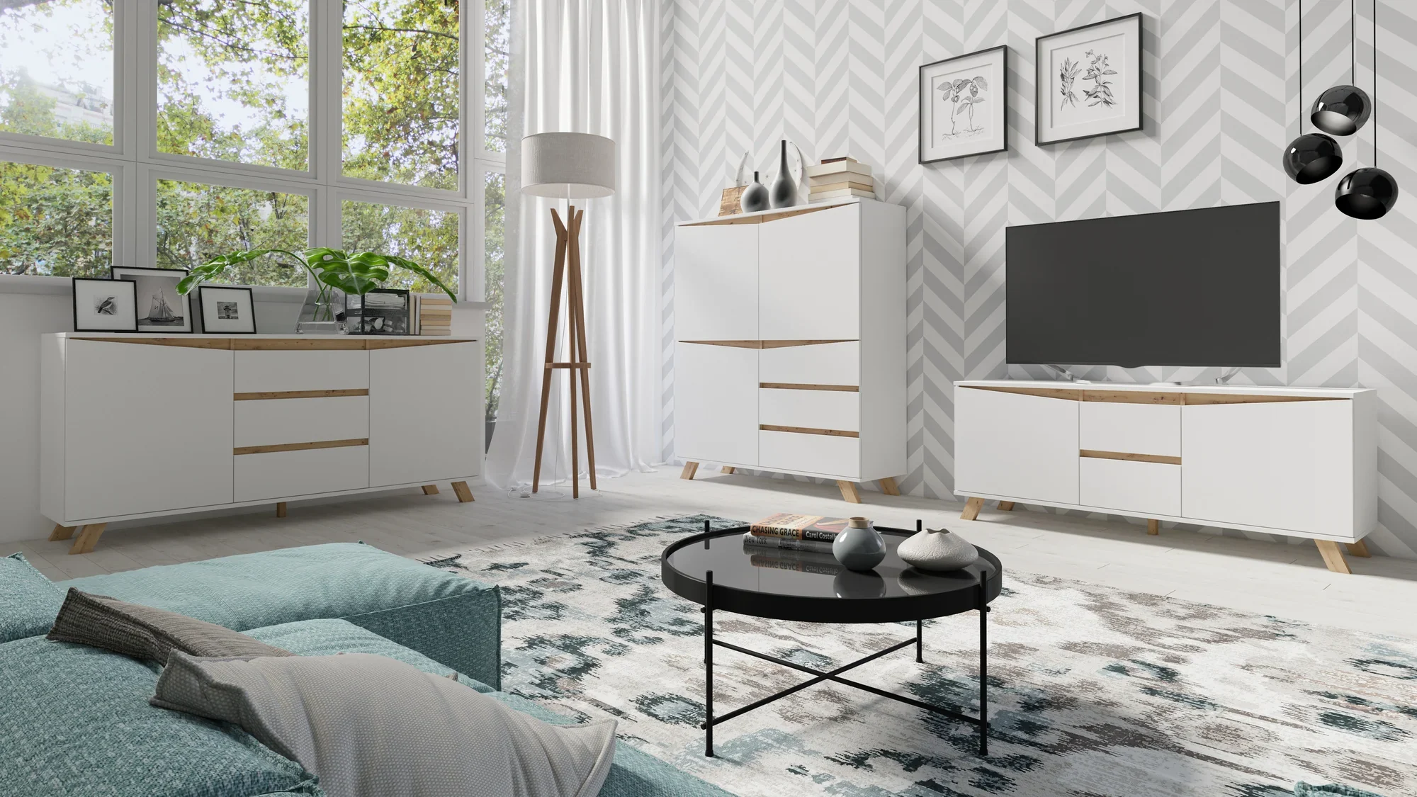 byLIVING Valentin Sideboard 180 cm matt weiß, grifflos, mit 2 Türen und 3 Schubladen