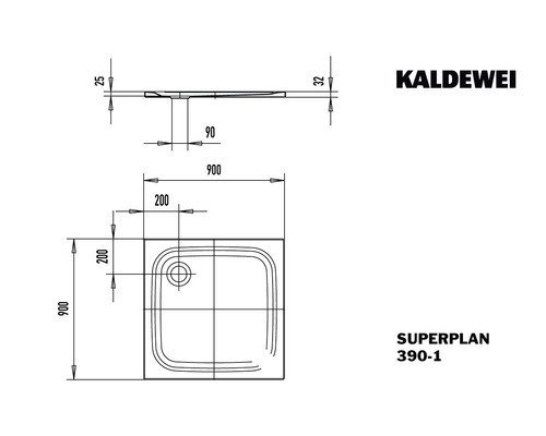 Kaldewei Superplan 390-1 Quadrat-Duschwanne 90 x 90 cm emailliert