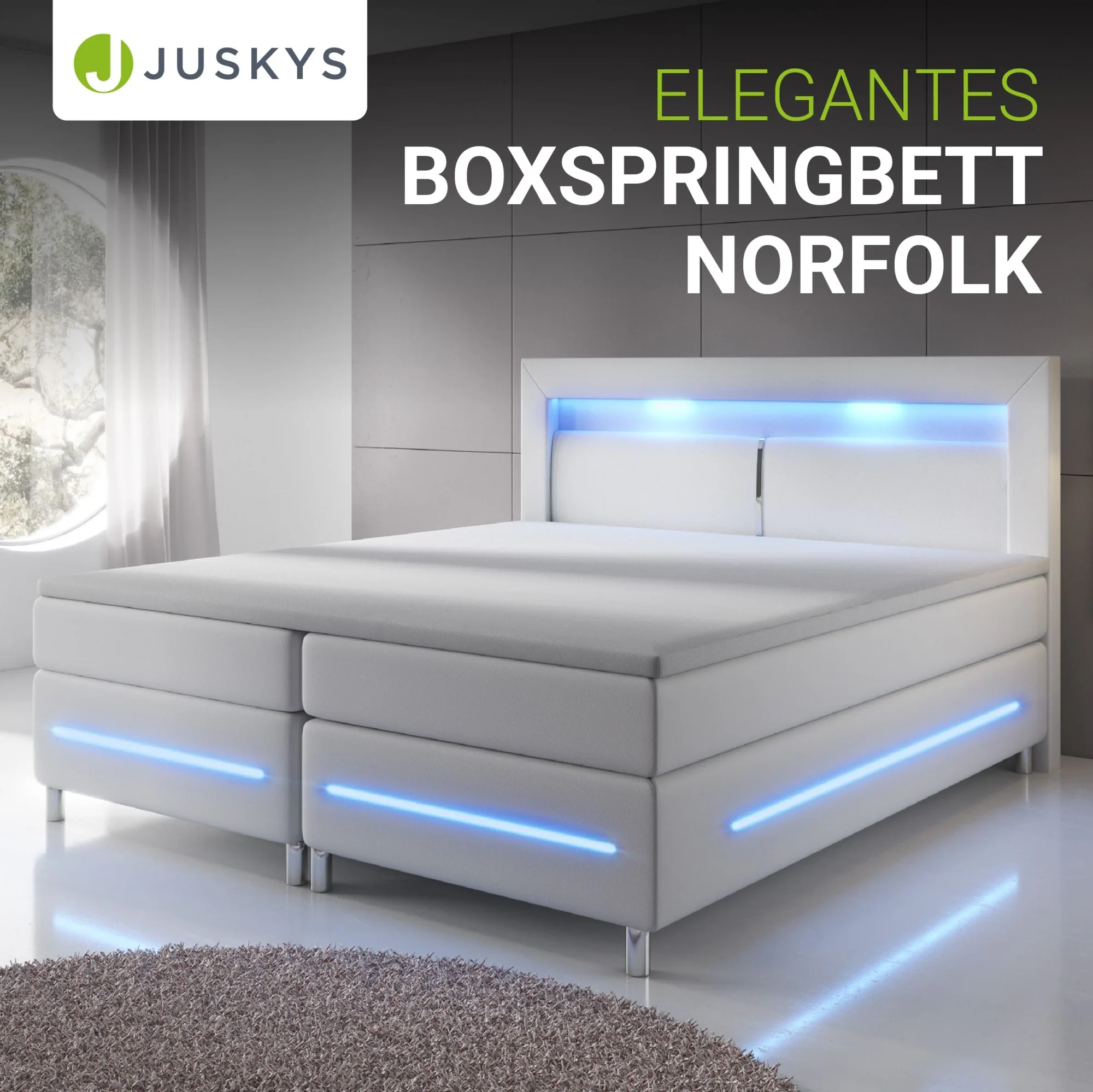 Juskys Norfolk Boxspringbett Kunstleder weiß mit LED-Streifen und Federkernmatratze