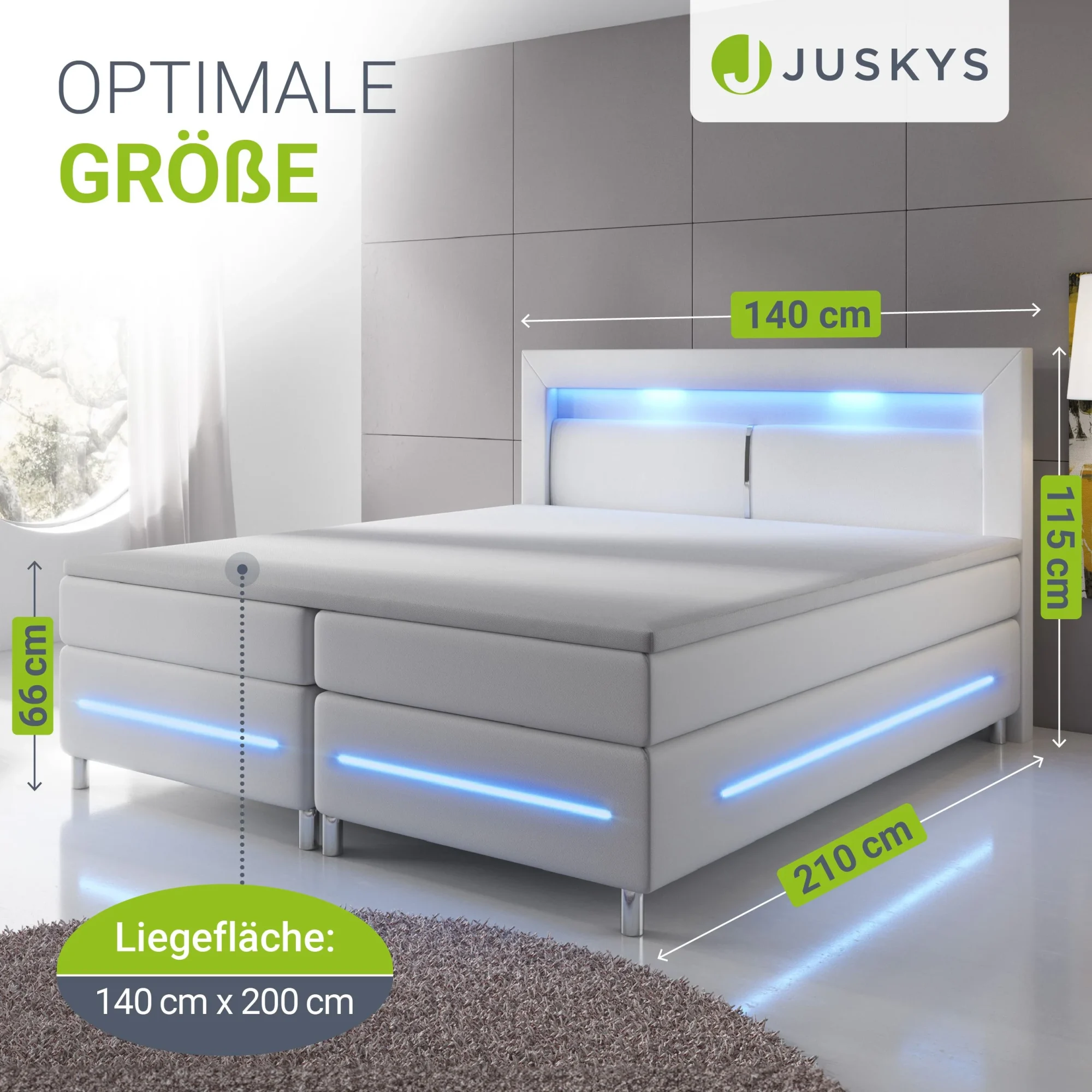 Juskys Norfolk Boxspringbett Kunstleder weiß mit LED-Streifen und Federkernmatratze
