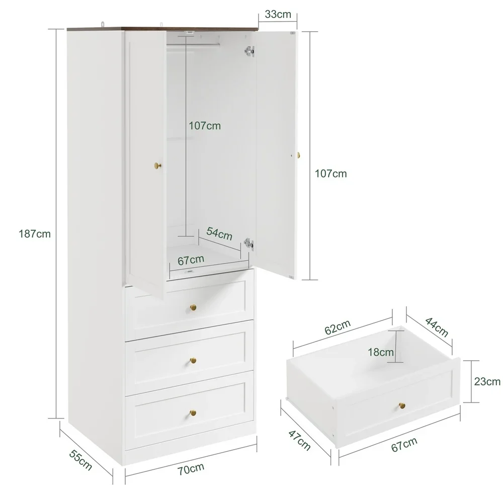 SoBuy KSB04-W Kleiderschrank schmal 70 cm weiß mit 2 Türen und 3 Schubladen