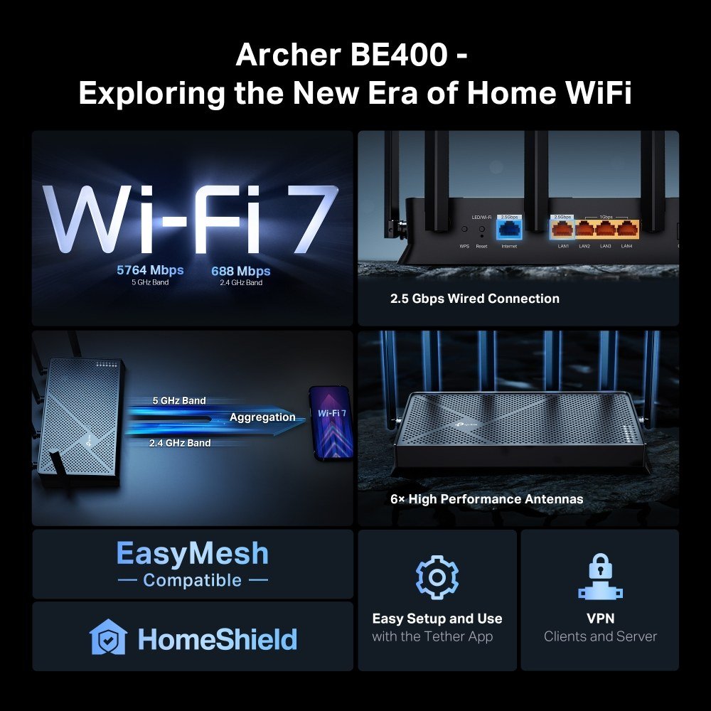 TP-Link Archer BE400 BE6500 WLAN-Router Wi-Fi 7 Dual-Band 2,5-GbE