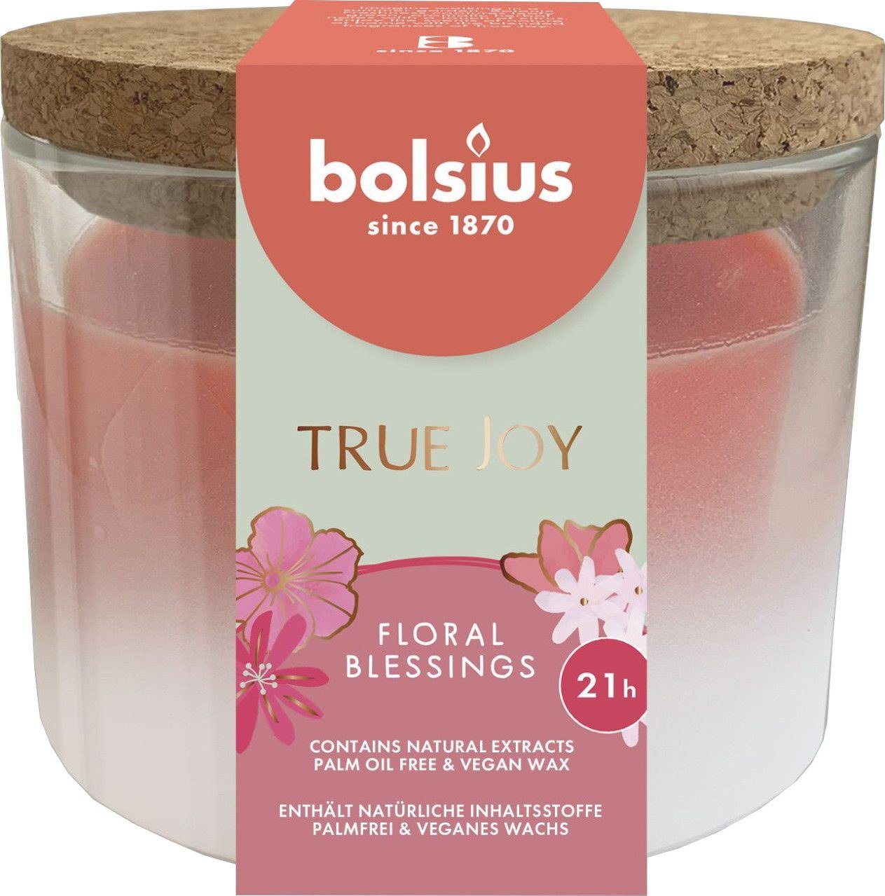 Bolsius True Joy Duftkerze Floral Blessings Rosa mit Korkdeckel