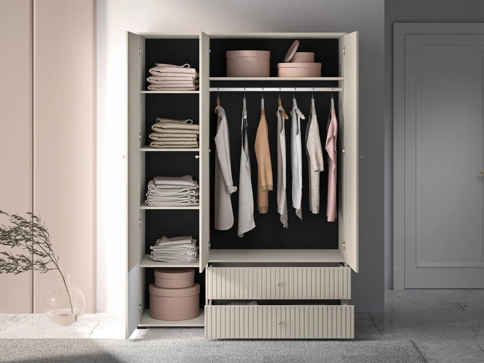 Selsey Caletto Drehtürenschrank 150 cm mit zwei Schubladen und Lamellen, beige