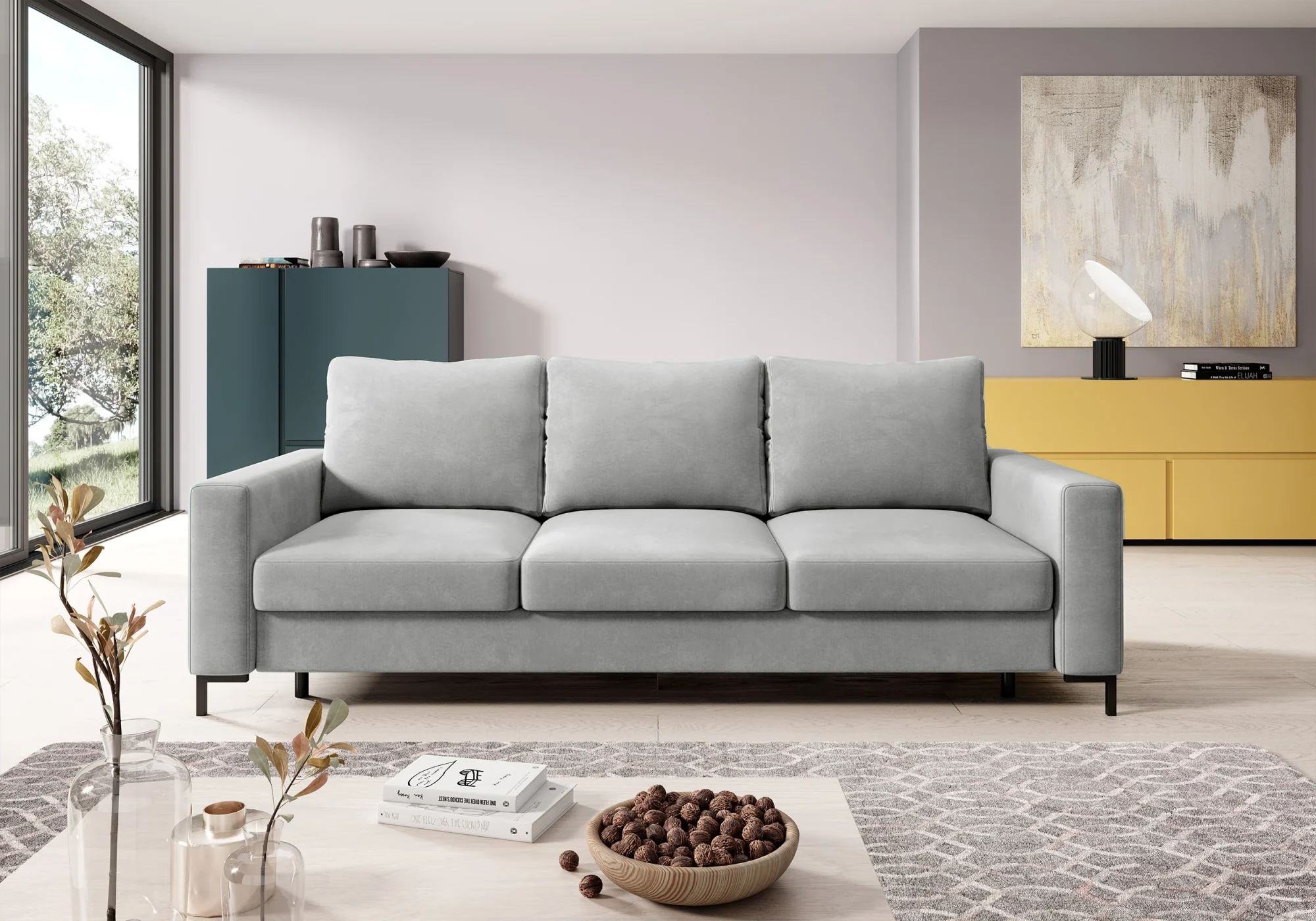 Selsey Mokpeo 3-Sitzer Schlafsofa mit Stauraum, hellgrauer Samt