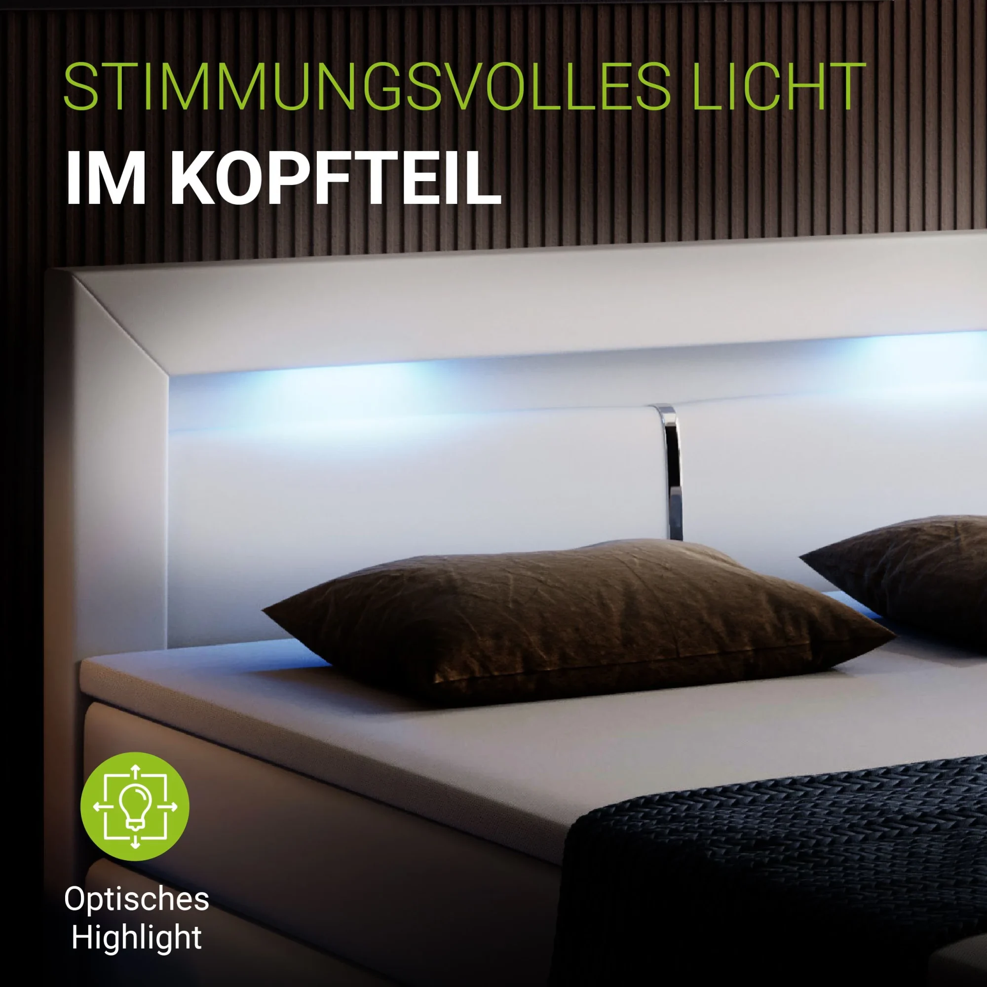 Juskys Norfolk Boxspringbett Kunstleder weiß mit LED-Streifen und Federkernmatratze
