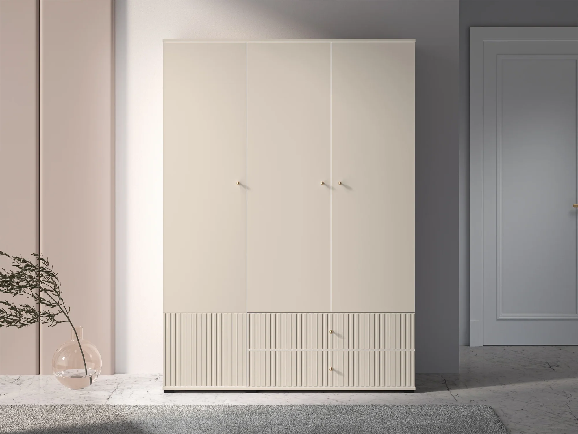 Selsey Caletto Drehtürenschrank 150 cm mit zwei Schubladen und Lamellen, beige