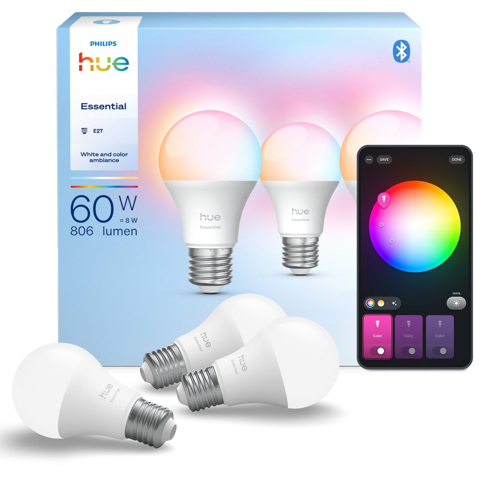 Philips Hue White and Color Ambiance Essential A60 E27 Smarte Lampe 806 lm 3er-Pack