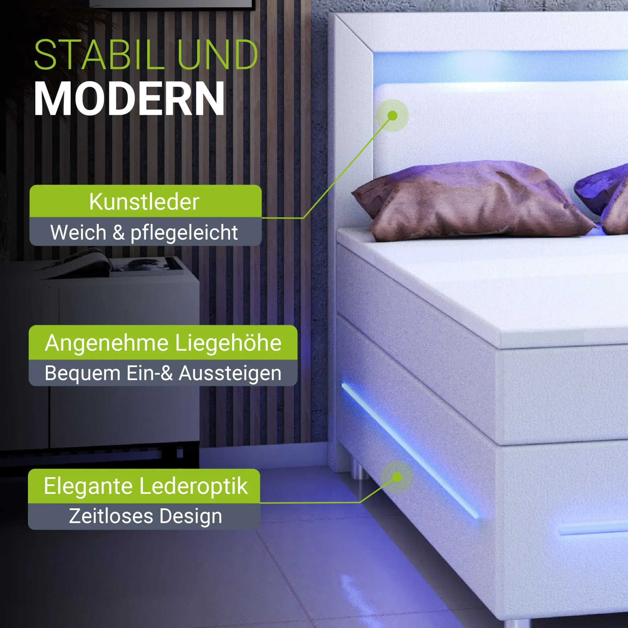 Juskys Norfolk Boxspringbett Kunstleder weiß mit LED-Streifen und Federkernmatratze