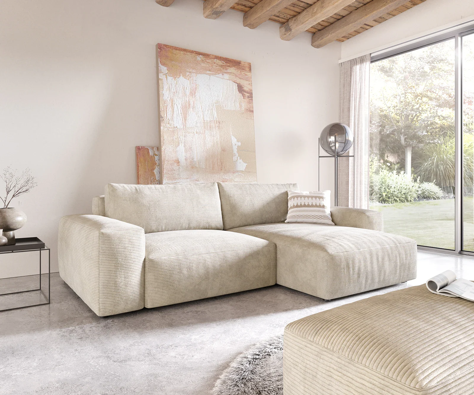 DeLife Ecksofa Lanzo XL 270 × 180 cm Cord Beige mit Hocker und variabler Recamiere