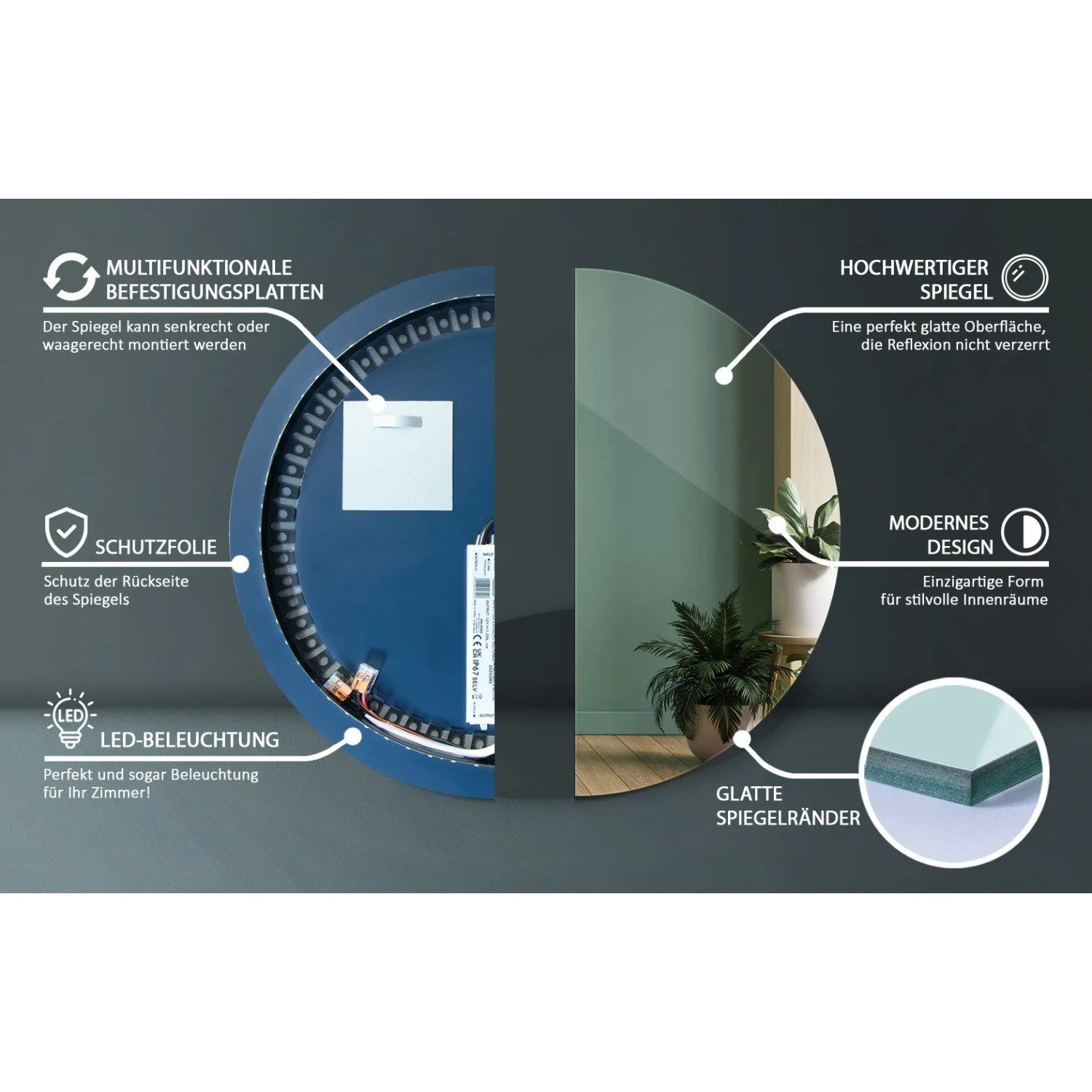 Tulup LED-Lichtspiegel rund Ø 100 cm Warmweiß 3000 K