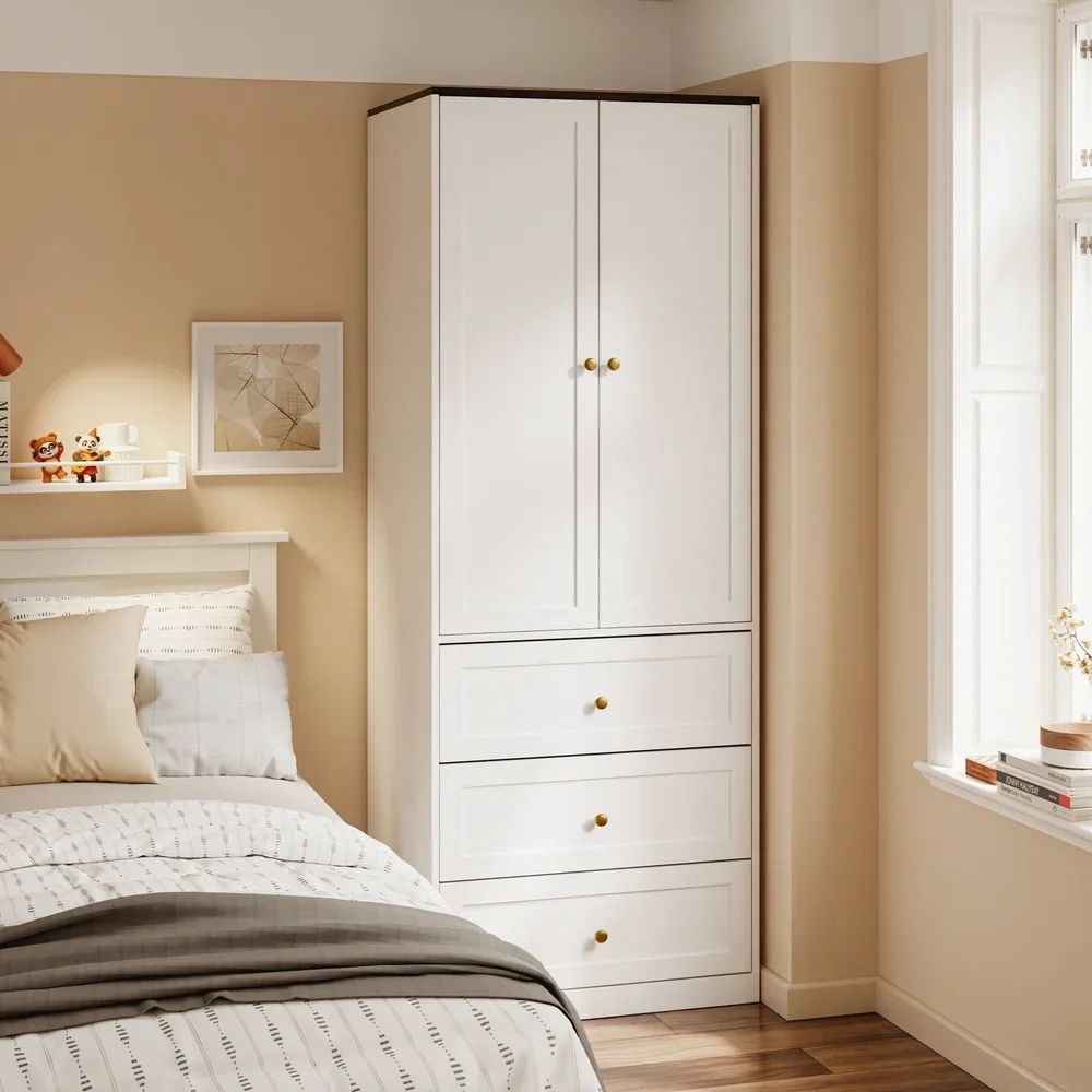 SoBuy KSB04-W Kleiderschrank schmal 70 cm weiß mit 2 Türen und 3 Schubladen
