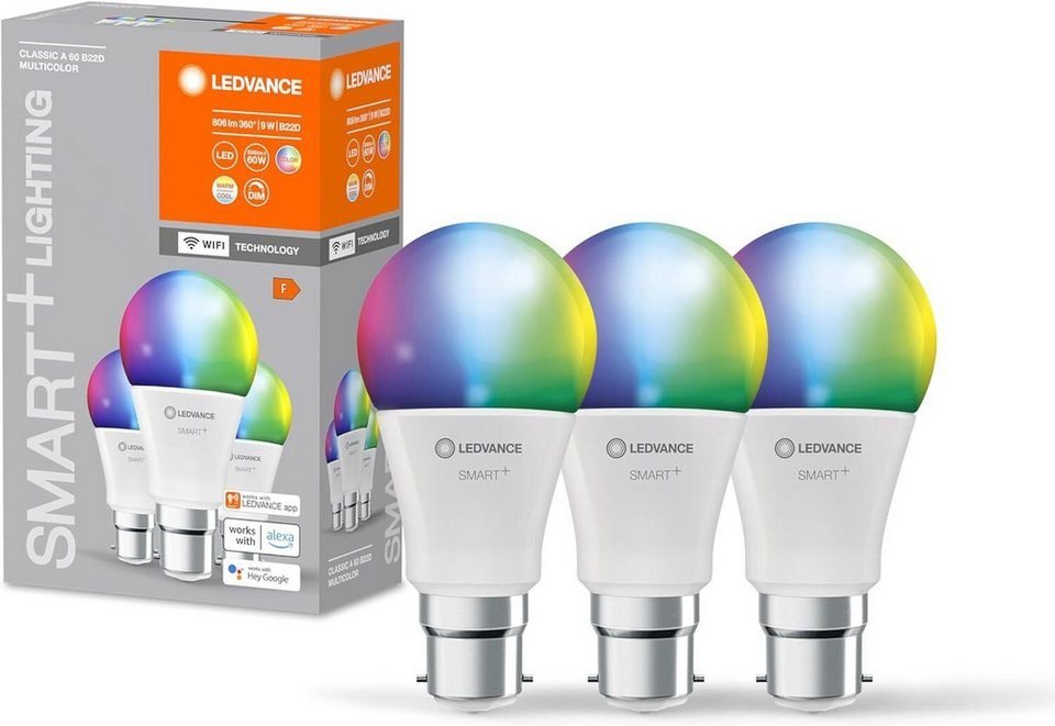 Ledvance SMART+ WiFi LED Lampe B22d 9 W RGBW 2700-6500 K 3er-Pack
