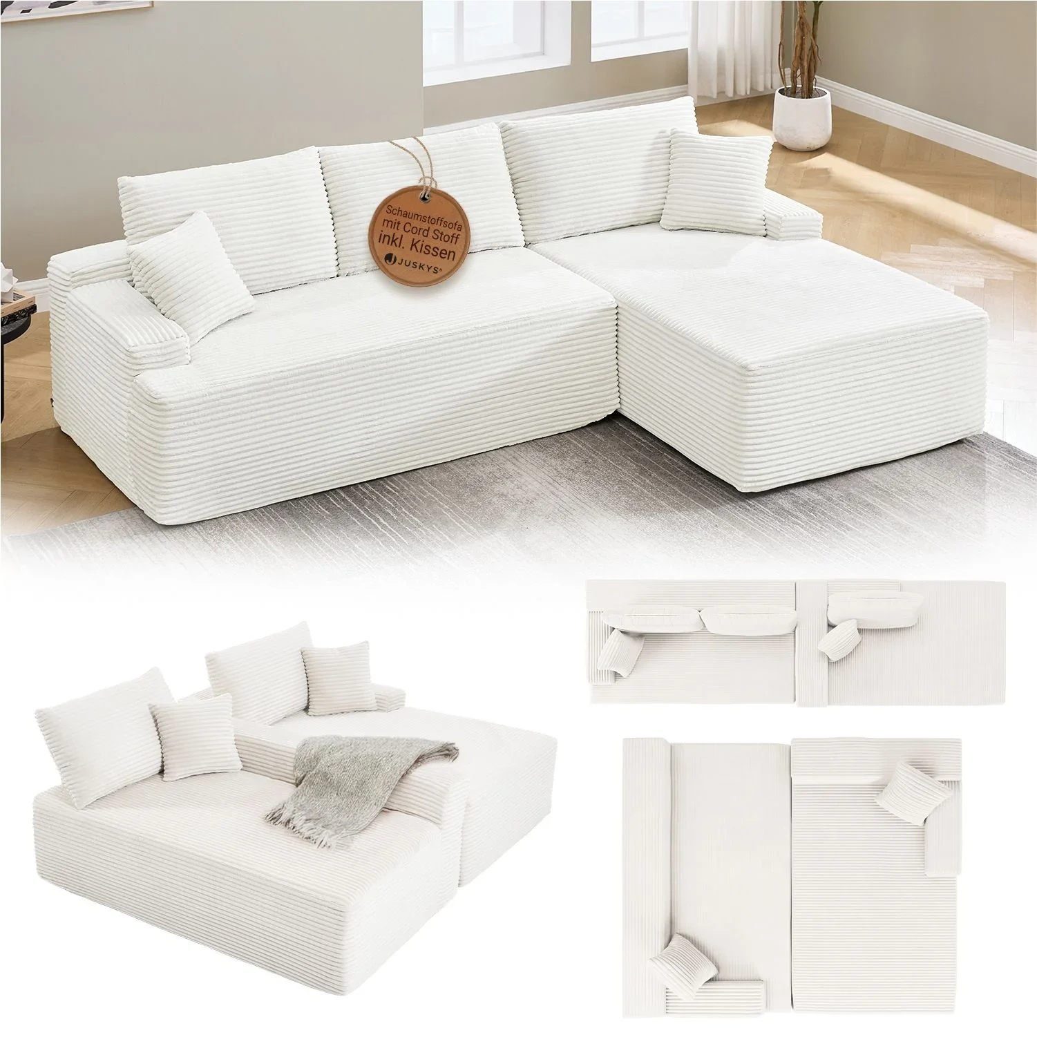 Juskys Coredo Ecksofa mit Cord-Bezug, Ottomane und Dekokissen