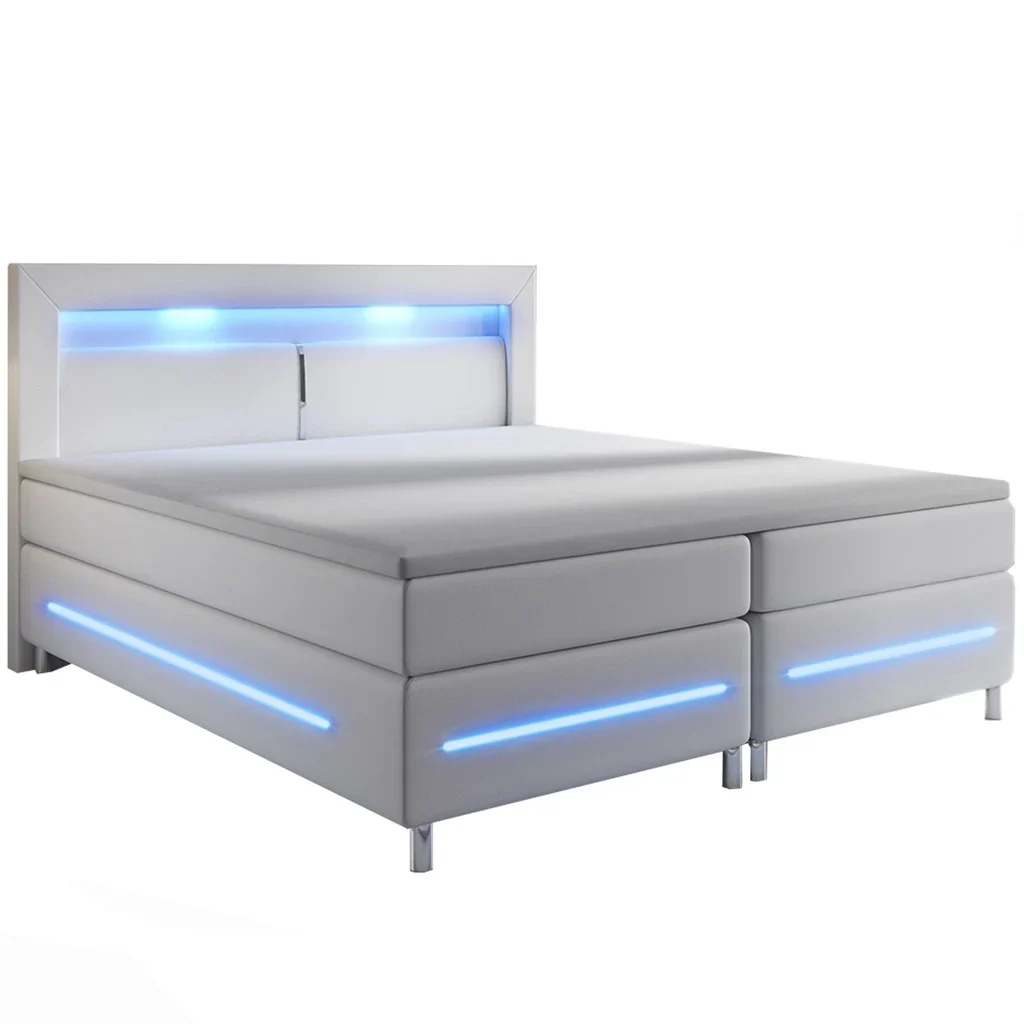 Juskys Norfolk Boxspringbett Kunstleder weiß mit LED-Streifen und Federkernmatratze