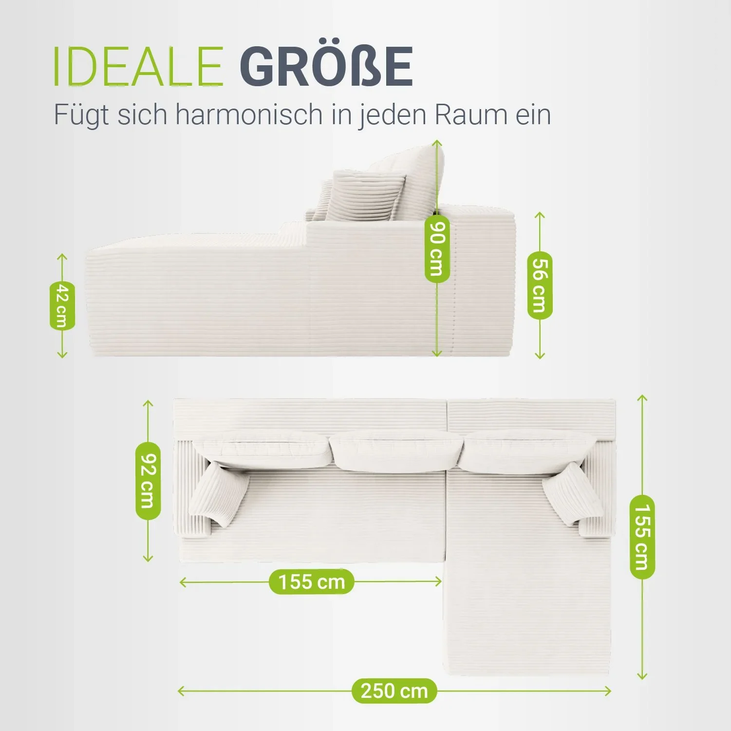 Juskys Coredo Ecksofa mit Cord-Bezug, Ottomane und Dekokissen