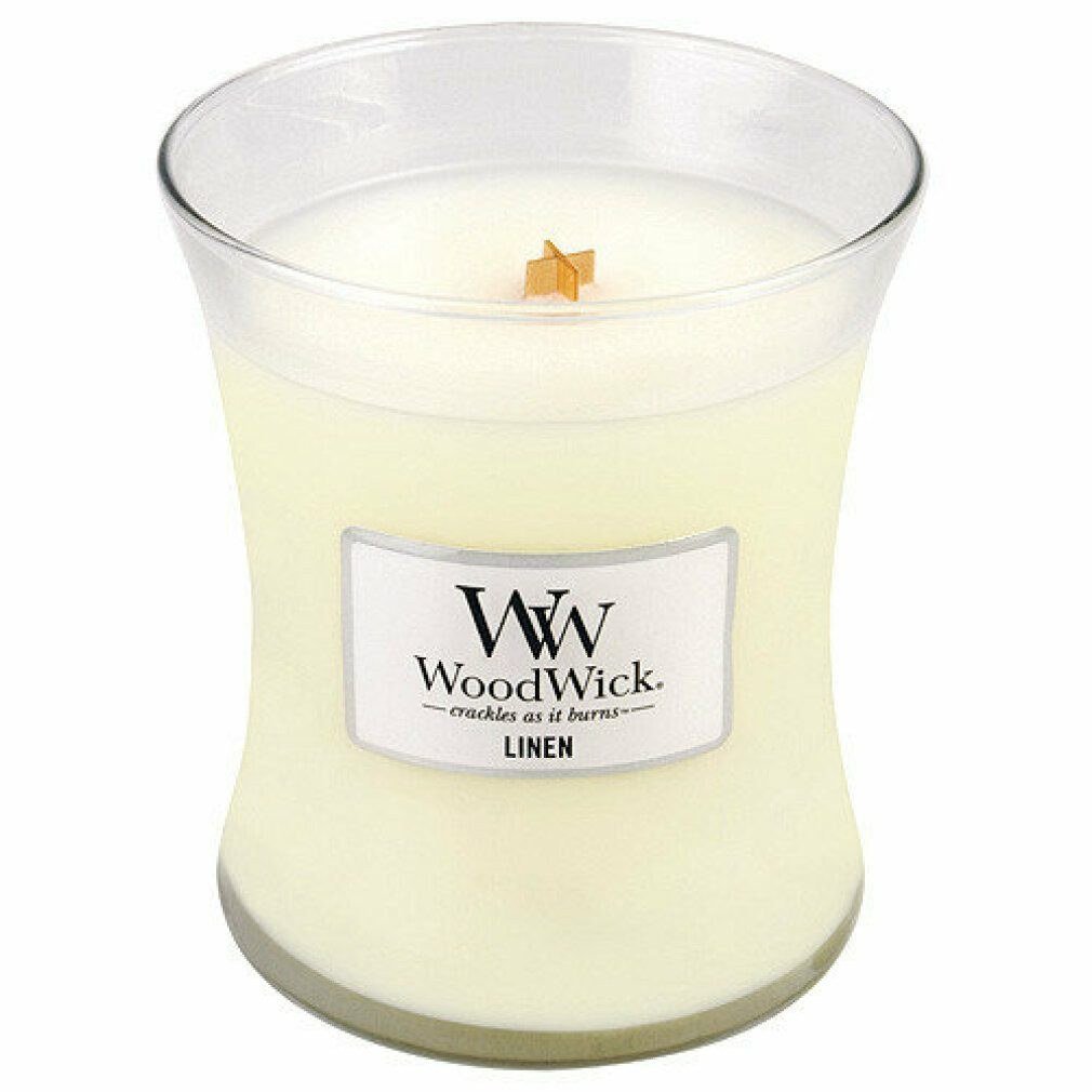 Woodwick Duftkerze Linen 275 g im Glas mit Holzdeckel